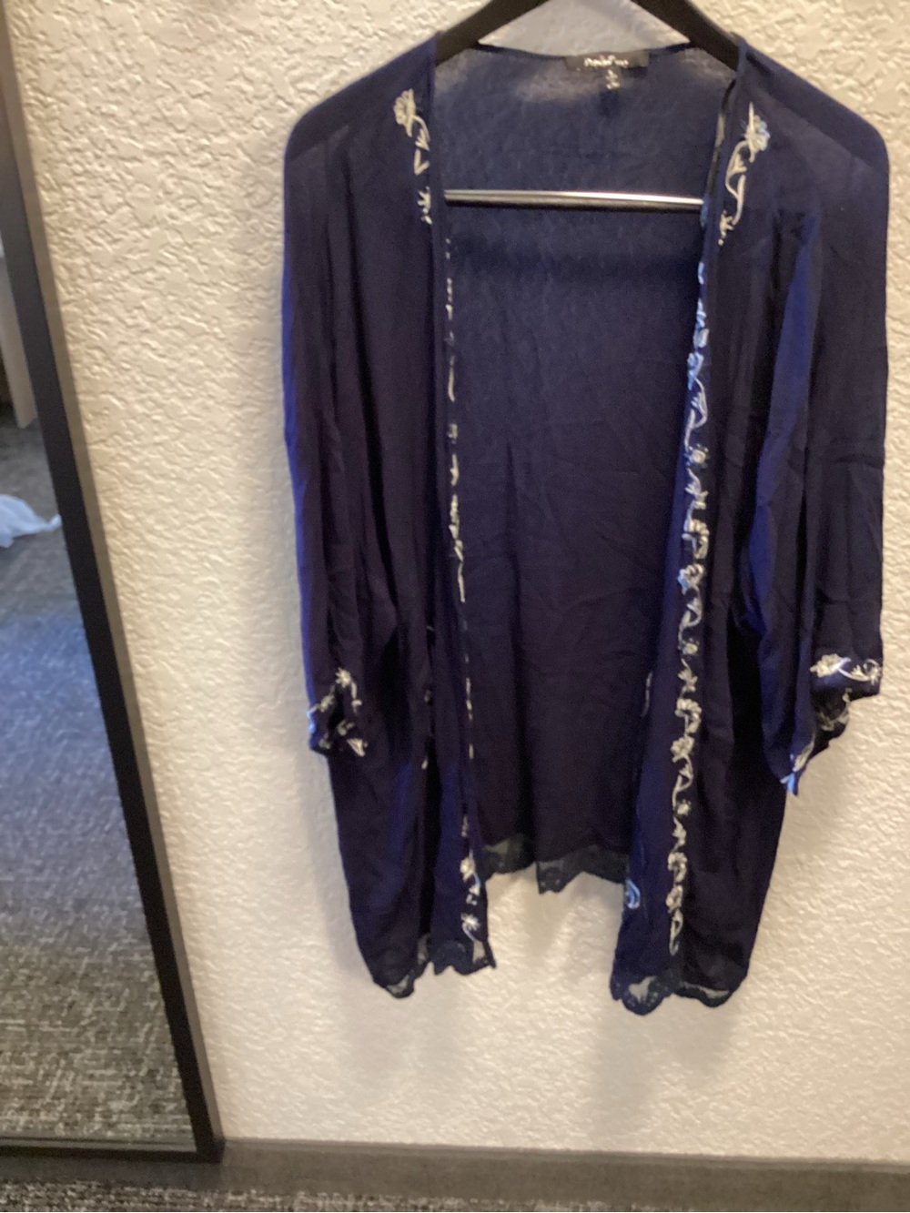 Papaya Navy Blue Embroidered Open-Front Kimono